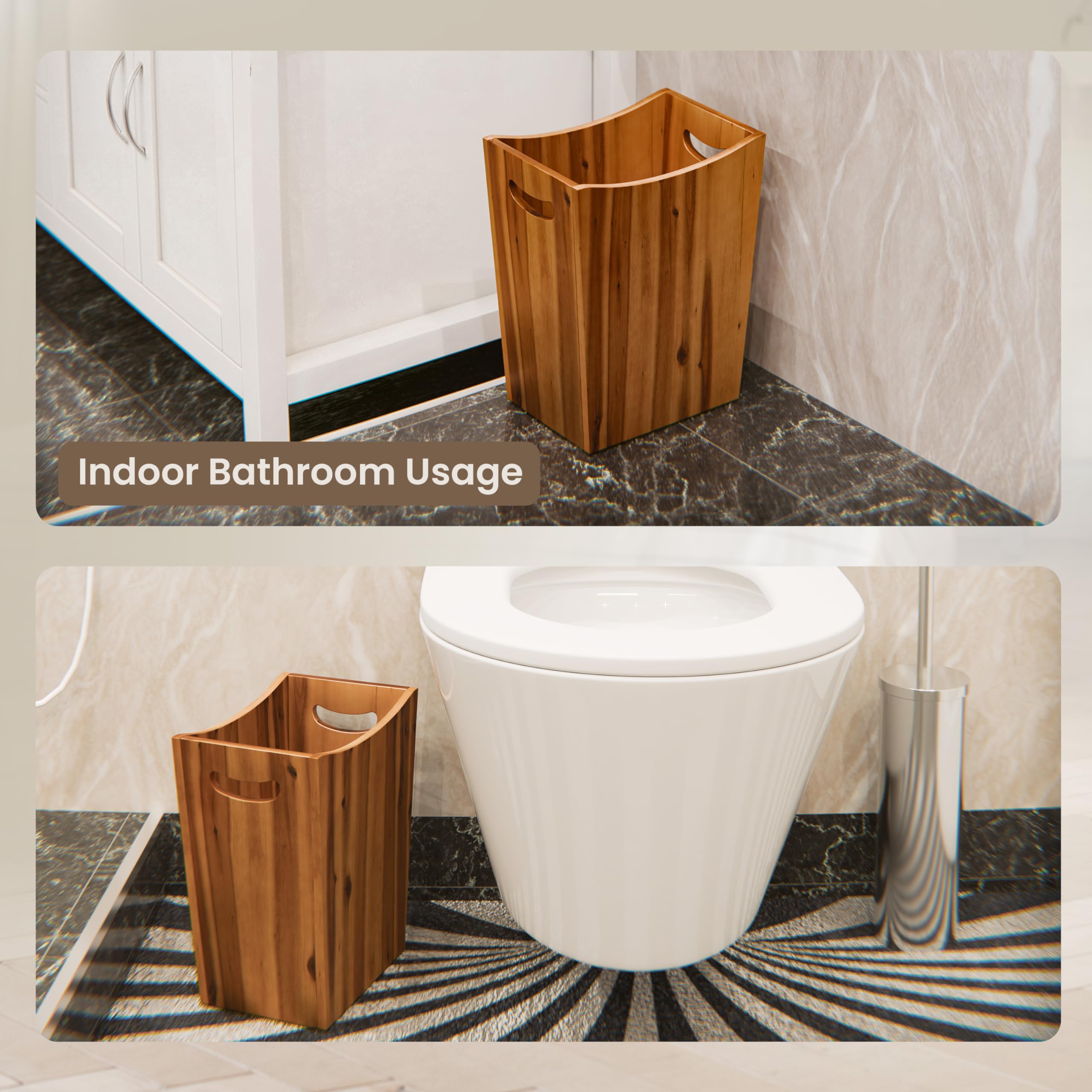 Tidita acacia wood bin with dual-side handles for quick movement during cleaning.
