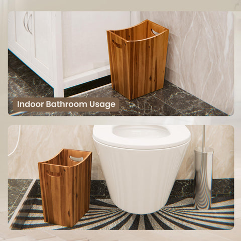 Tidita acacia wood bin with dual-side handles for quick movement during cleaning.