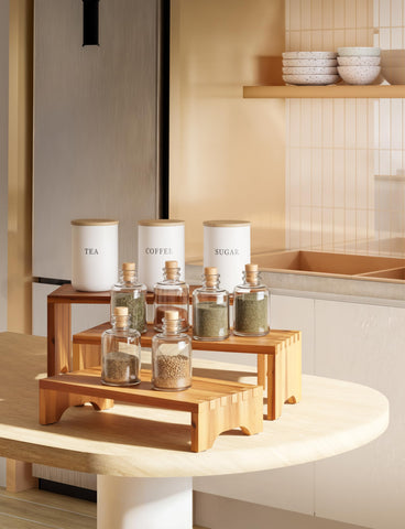 Tidita Acacia wood risers pantry organizer with three levels.