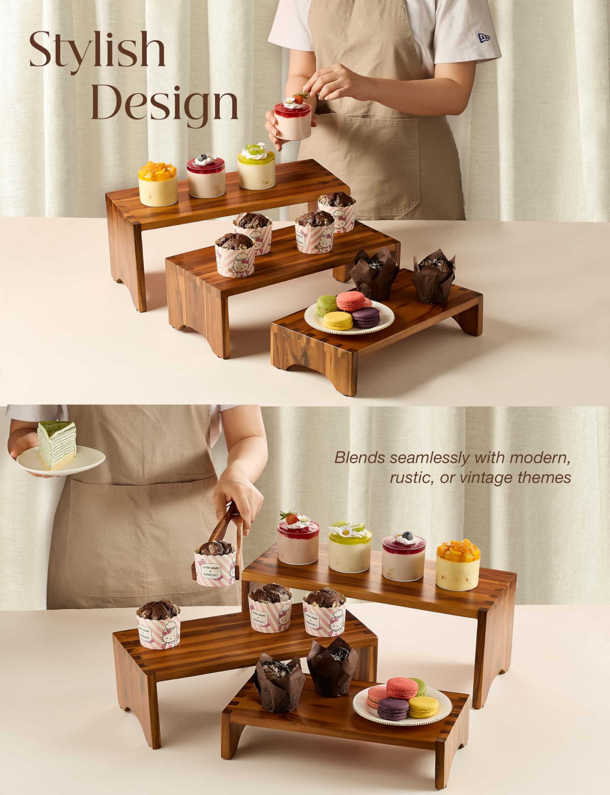 Tidita Acacia wood risers wedding display adds rustic charm.