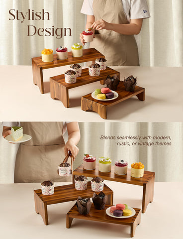 Tidita Acacia wood risers wedding display adds rustic charm.