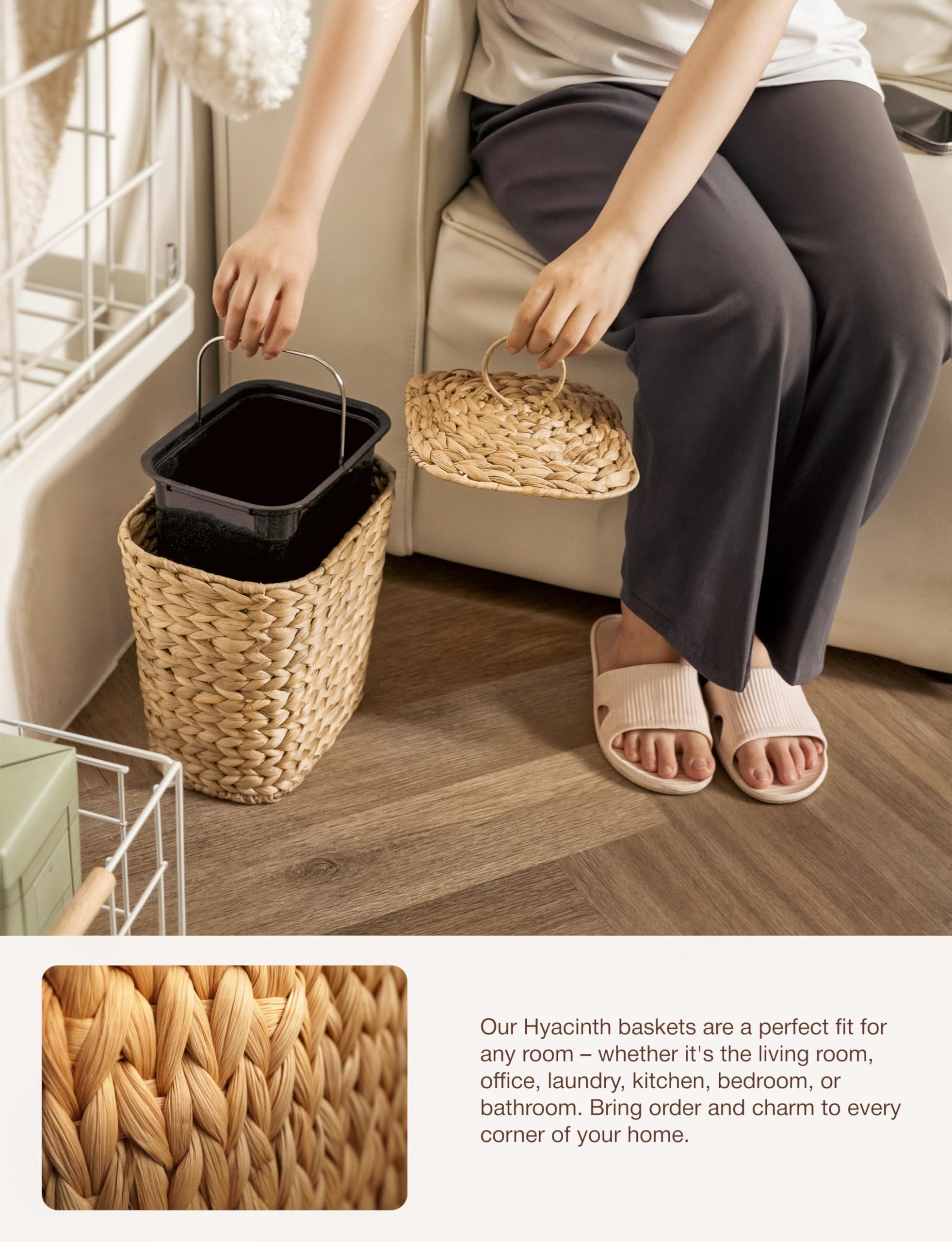 Tidita boho woven trash bin enhances office decor with natural charm.