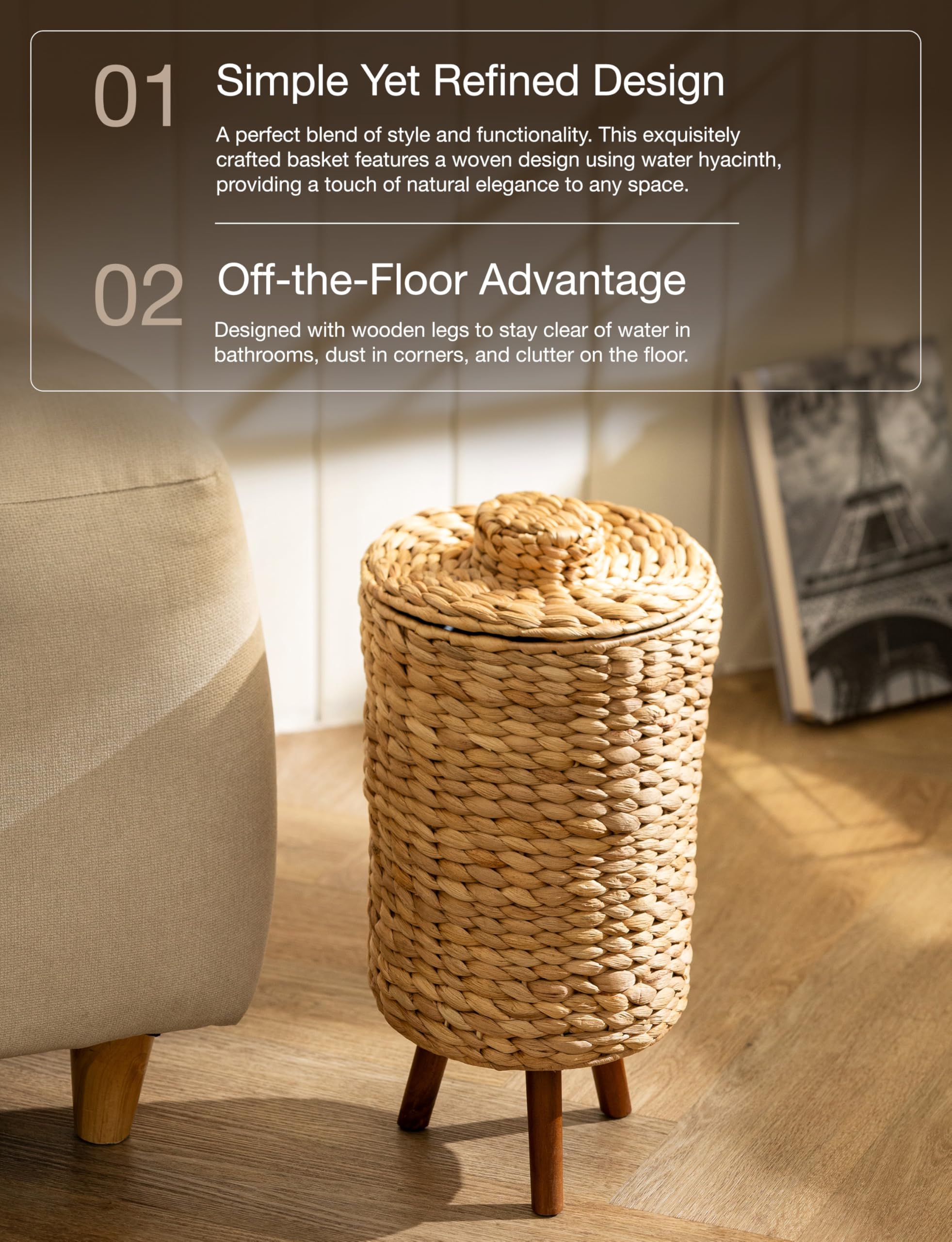 Tidita lid design on wicker trash can for discreet waste
