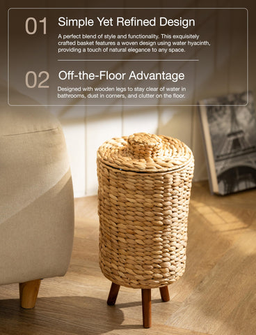 Tidita lid design on wicker trash can for discreet waste