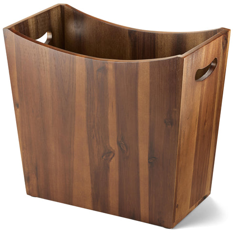 Tidita waste basket in acacia wood with handles adds natural texture to bathrooms and living spaces.