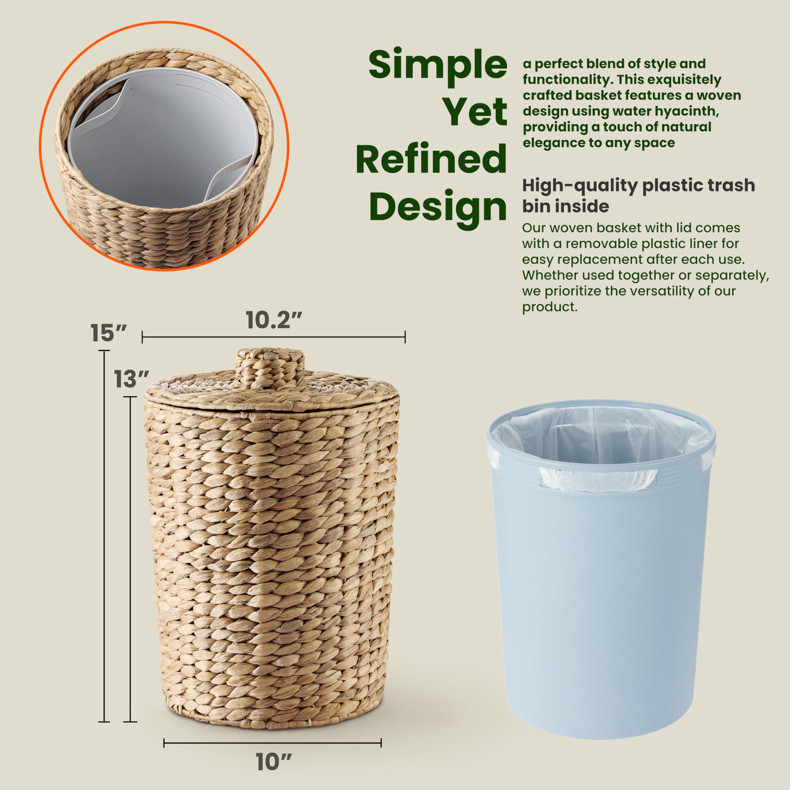 Tidita water hyacinth trash bin with lid conceals waste and odors.