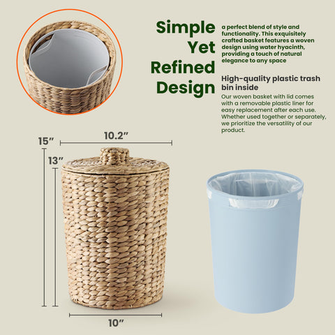 Tidita water hyacinth trash bin with lid conceals waste and odors.