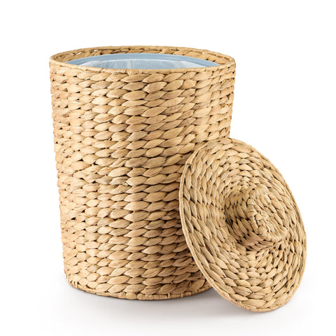 Tidita water hyacinth waste basket with lid showing natural weave for bathroom organization