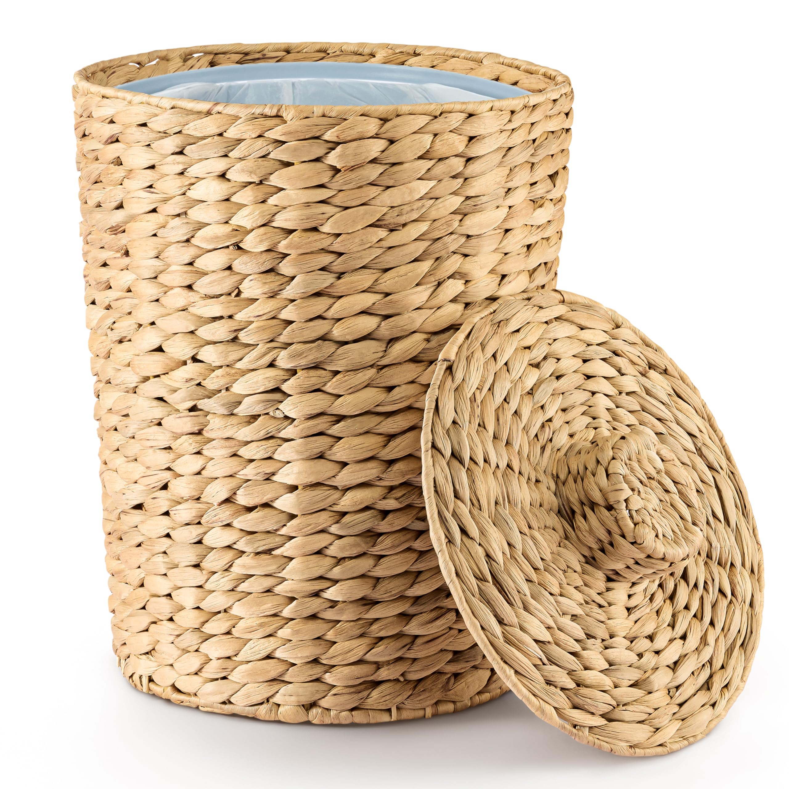 Tidita wicker trash basket with lid adds chic storage for bathrooms.