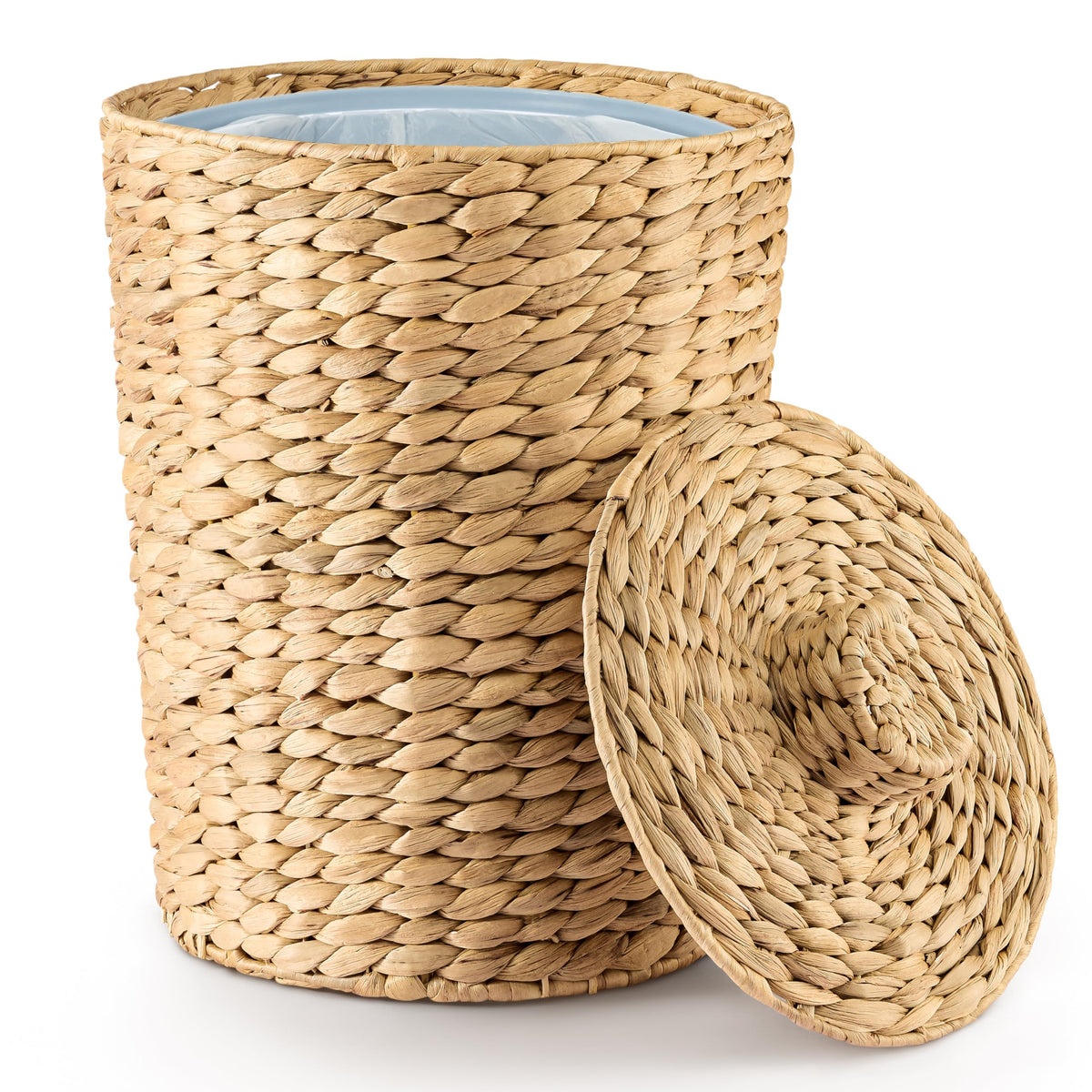 Tidita wicker trash basket with lid adds chic storage for bathrooms.