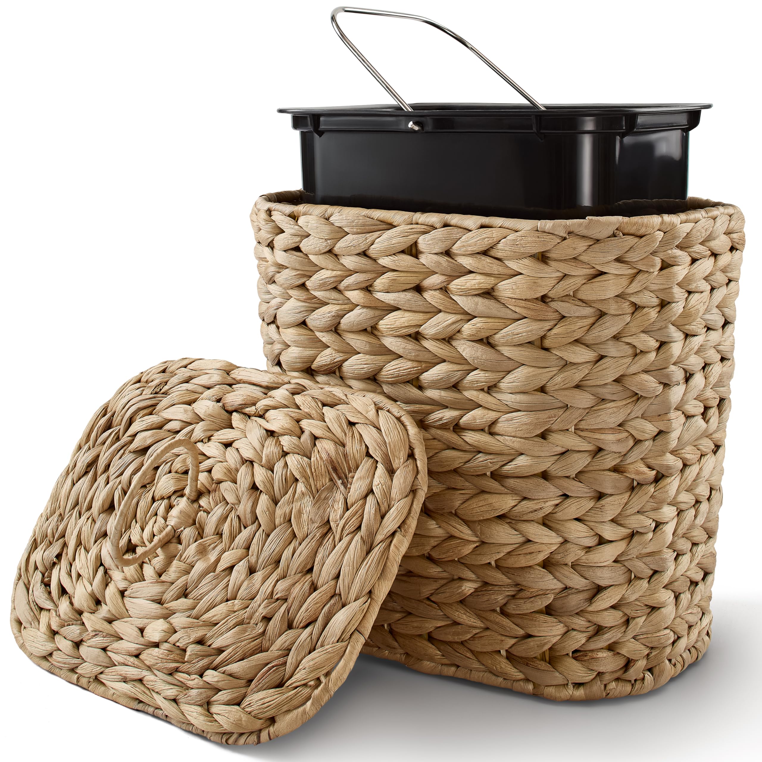 Tidita wicker waste basket with lid adds natural decor and keeps trash out of sight.