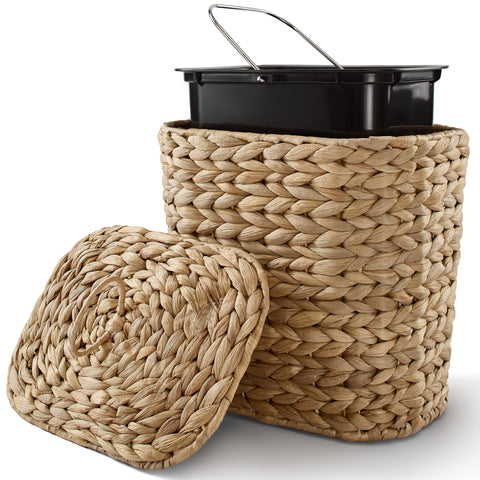 Tidita wicker waste basket with lid adds natural decor and keeps trash out of sight.