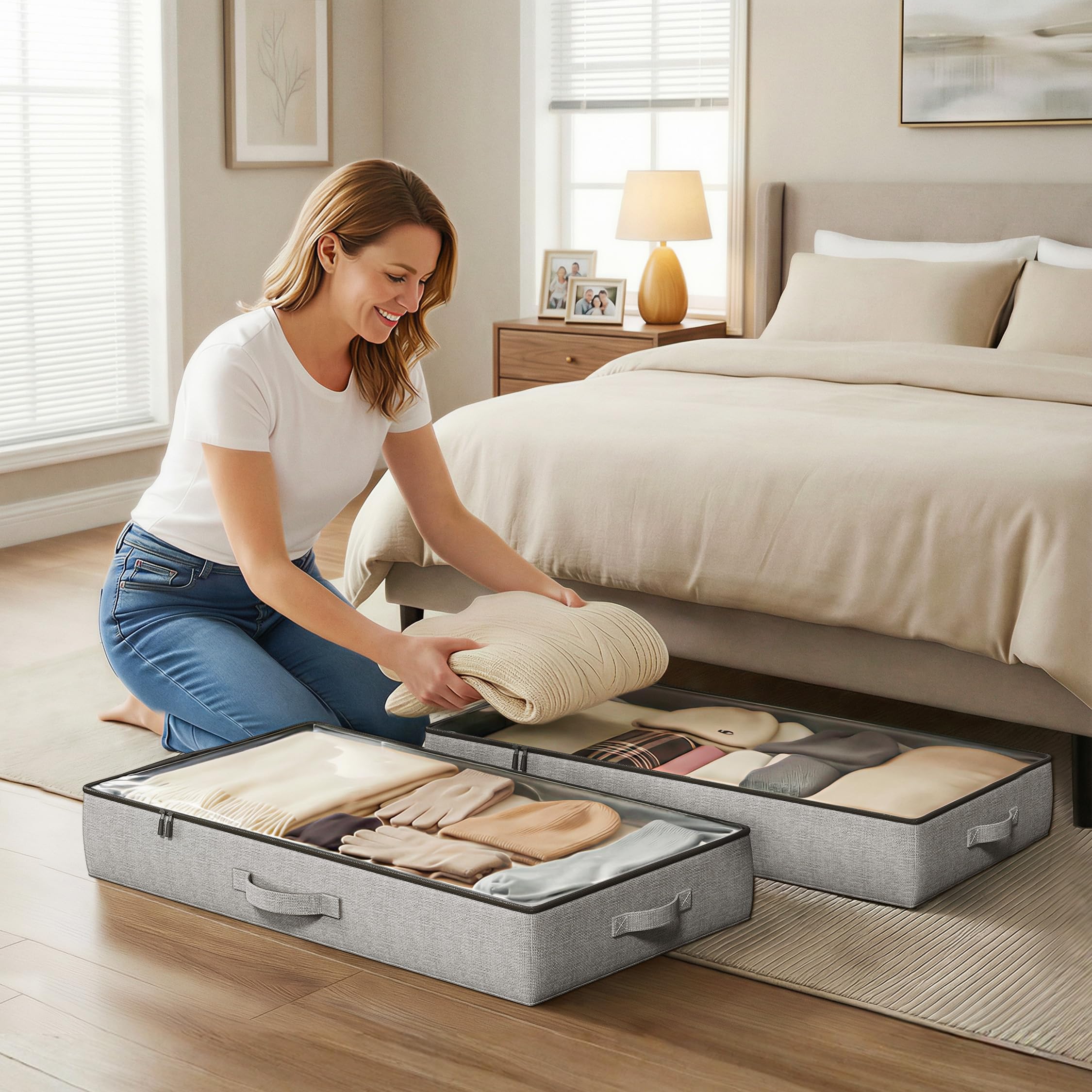 TidyCorner under-bed bin with sturdy handles and dual zippers for daily use.