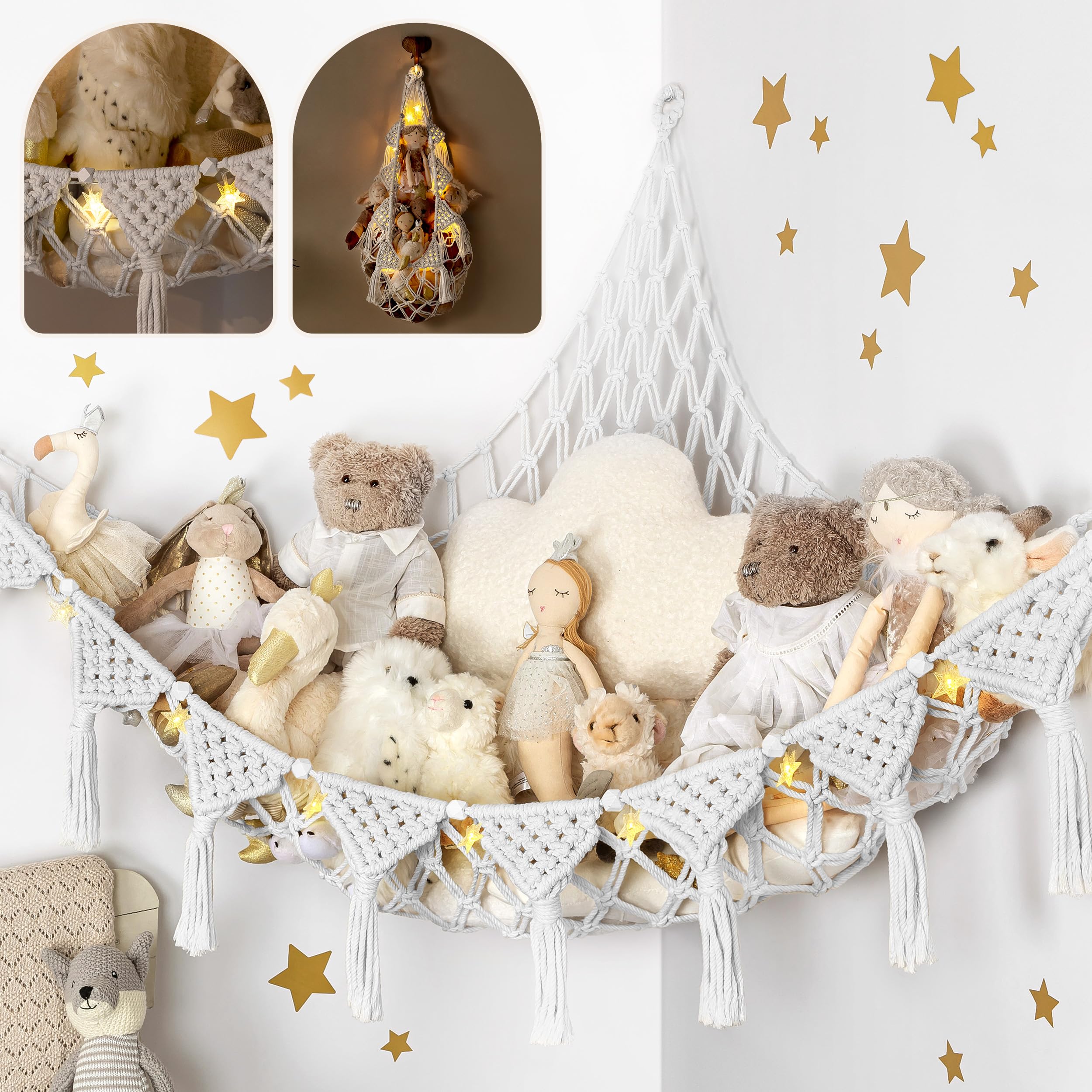 TIDYTEDS Snow White DreamLights hammock showcasing plush storage in a boho nursery.