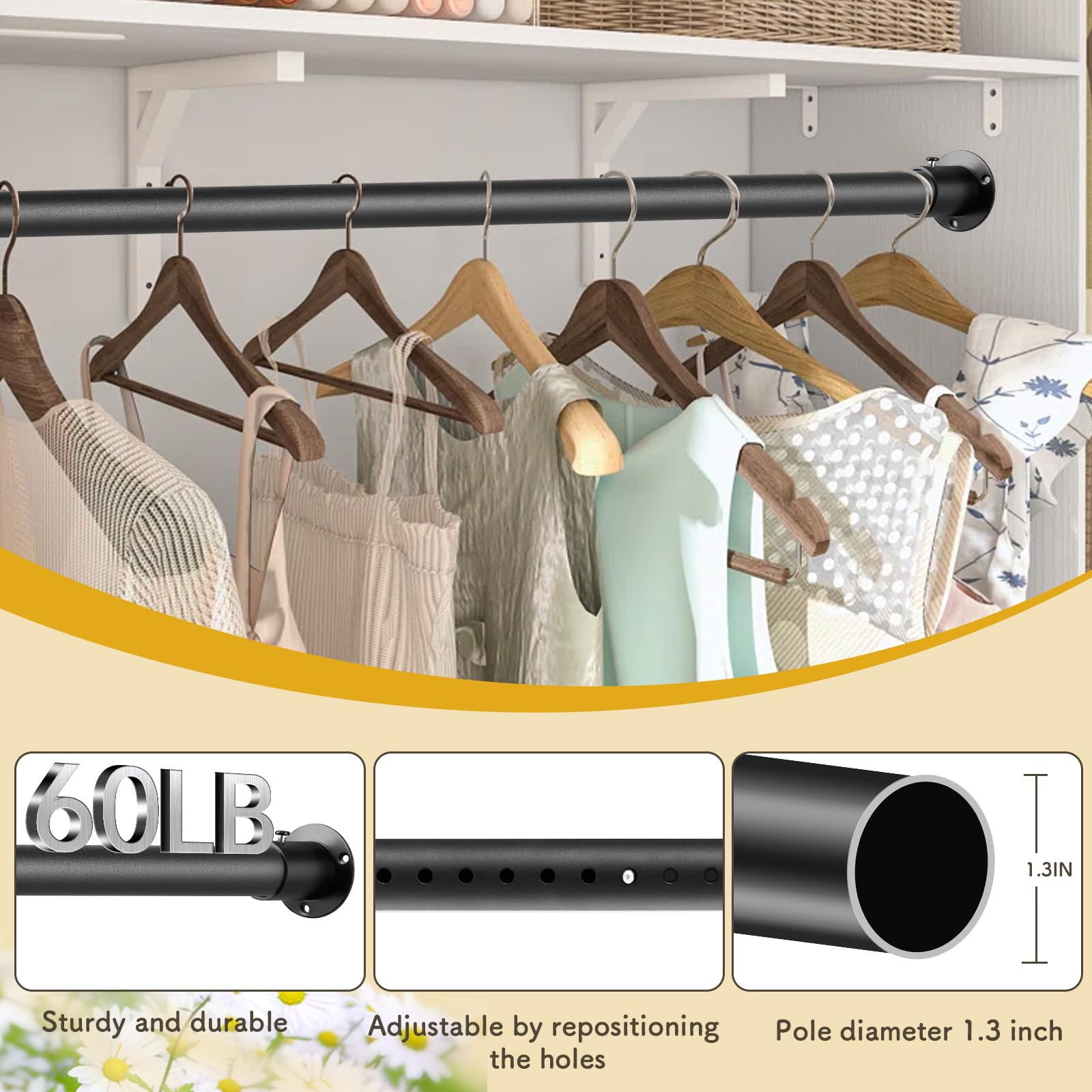Tiemlet Closet Rod black metal finish with a sleek, durable look.