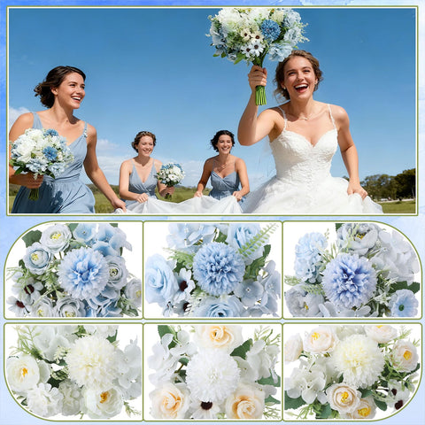Tigeen wedding centerpiece featuring white-blue artificial flowers for table charm.