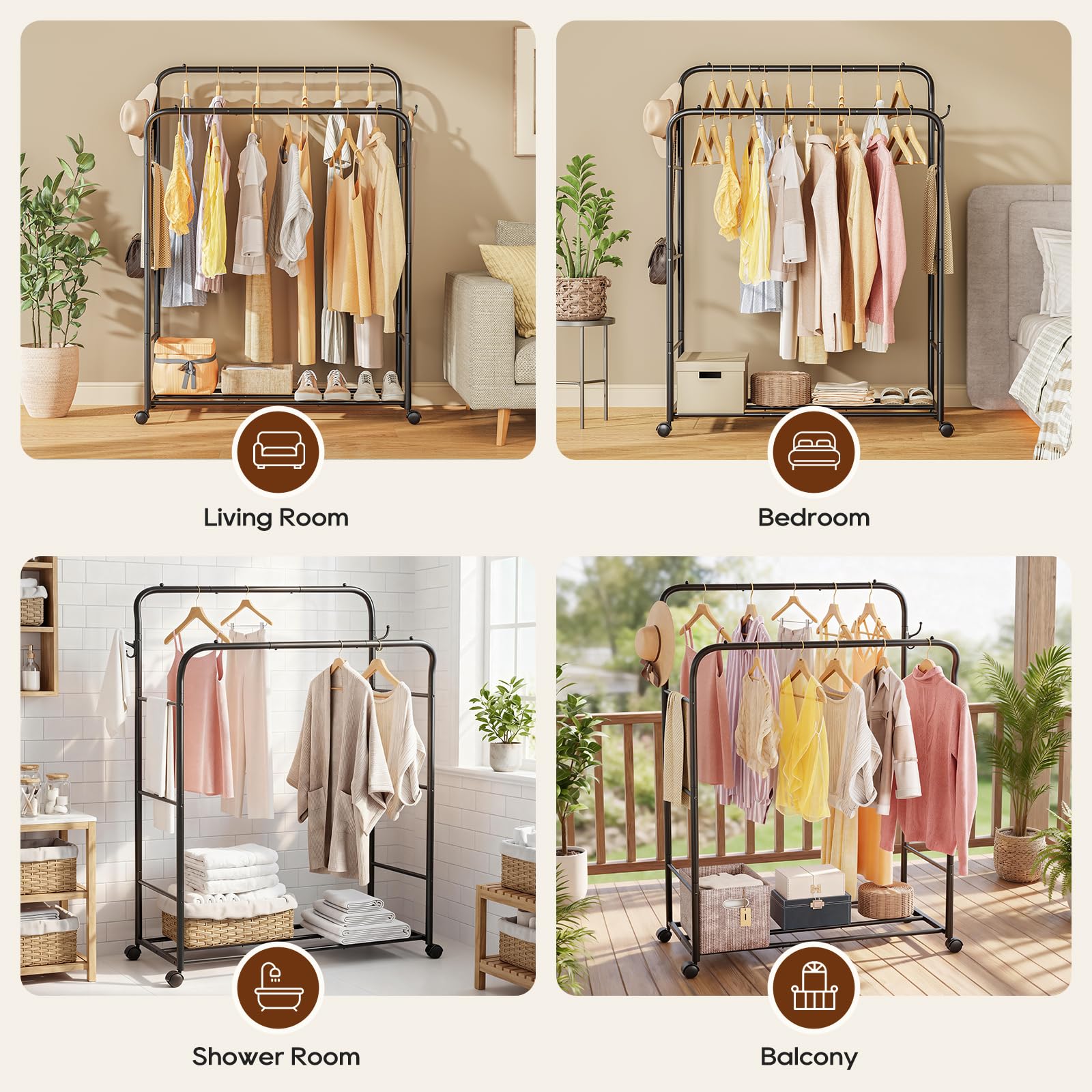 TigerParty double-rod drying rack supports multiple garments while maximizing airflow.
