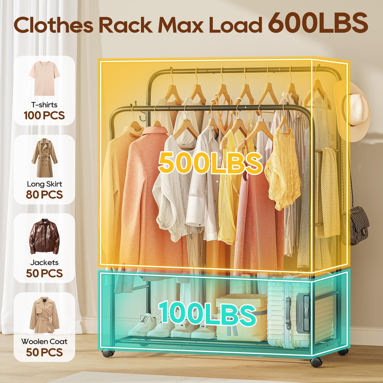 TigerParty clothes rack locked wheels ensure stable placement during use.