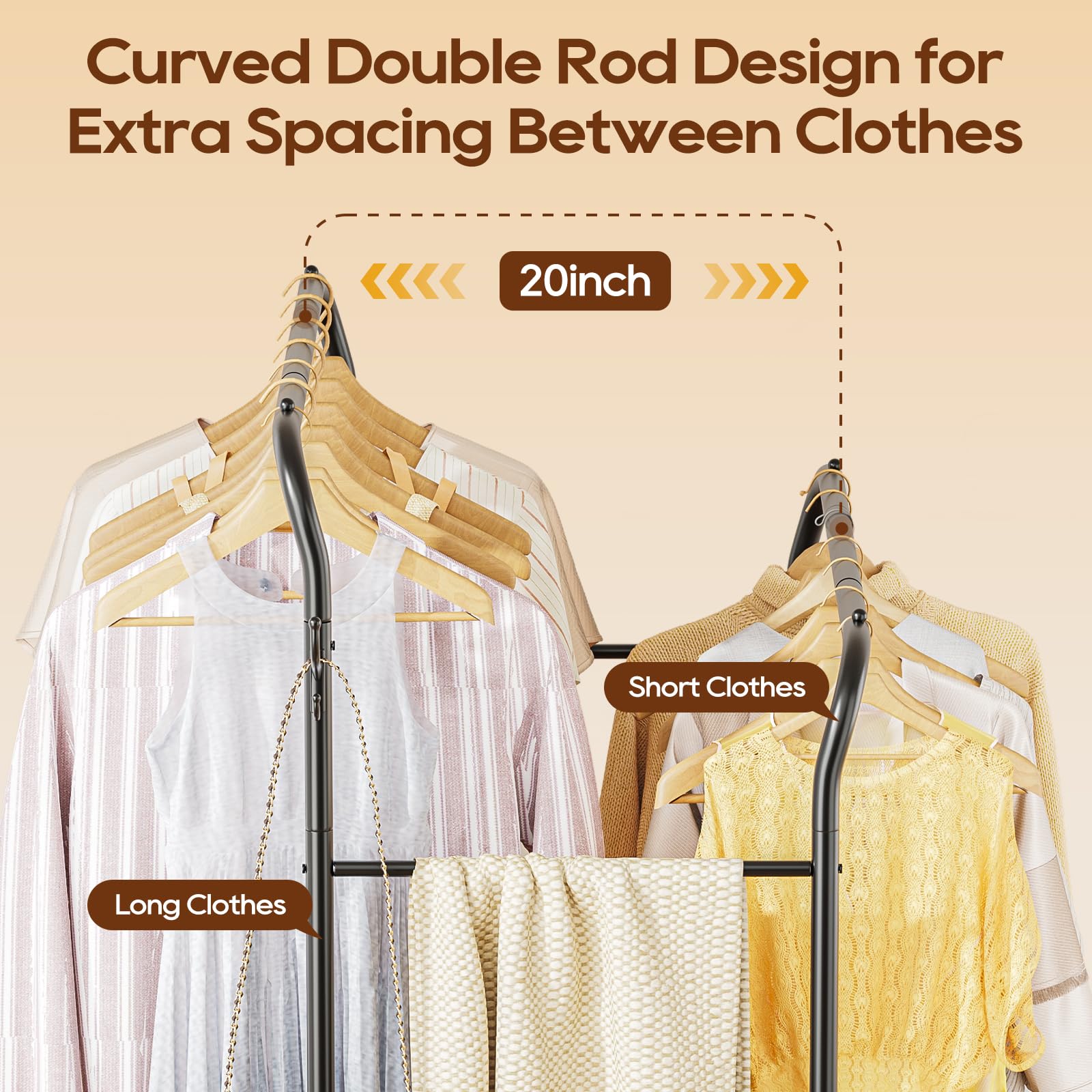 TigerParty clothes rack rolling wheels enables easy rearrangement in living spaces.