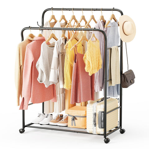 TigerParty double-rods clothes rack front view highlights ample hanging space and organized storage.