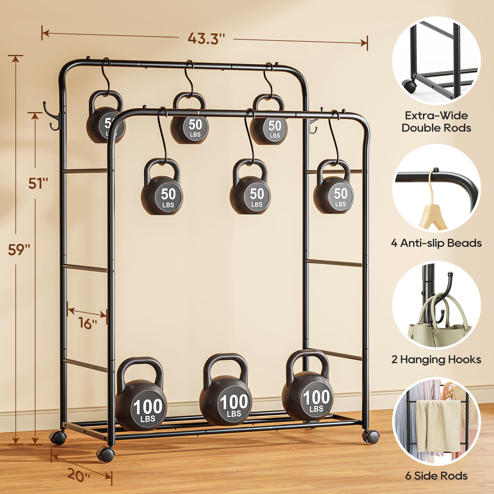 TigerParty double-rods clothes rack side profile demonstrates sturdy frame and weight-bearing potential.