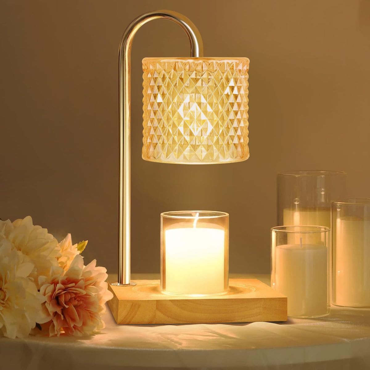 TigQiang Candle Warmer Lamp glows warmly, creating a cozy ambient atmosphere.