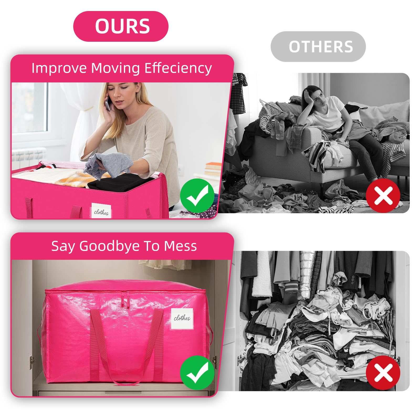 TIIOCTI Moving Bags Hot Pink strong handles and zipper ensure secure moving