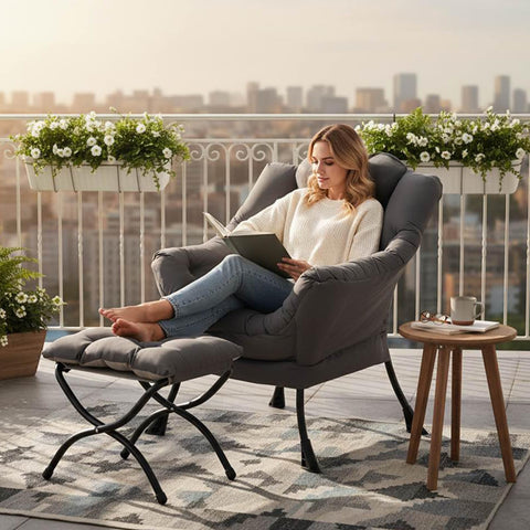 Tiita reading chair in a bedroom or living room space in dark grey velvet