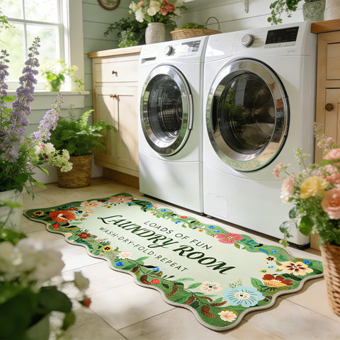 TIKIRUGI green floral boho laundry room rug with anti-slip backing stays securely in place.