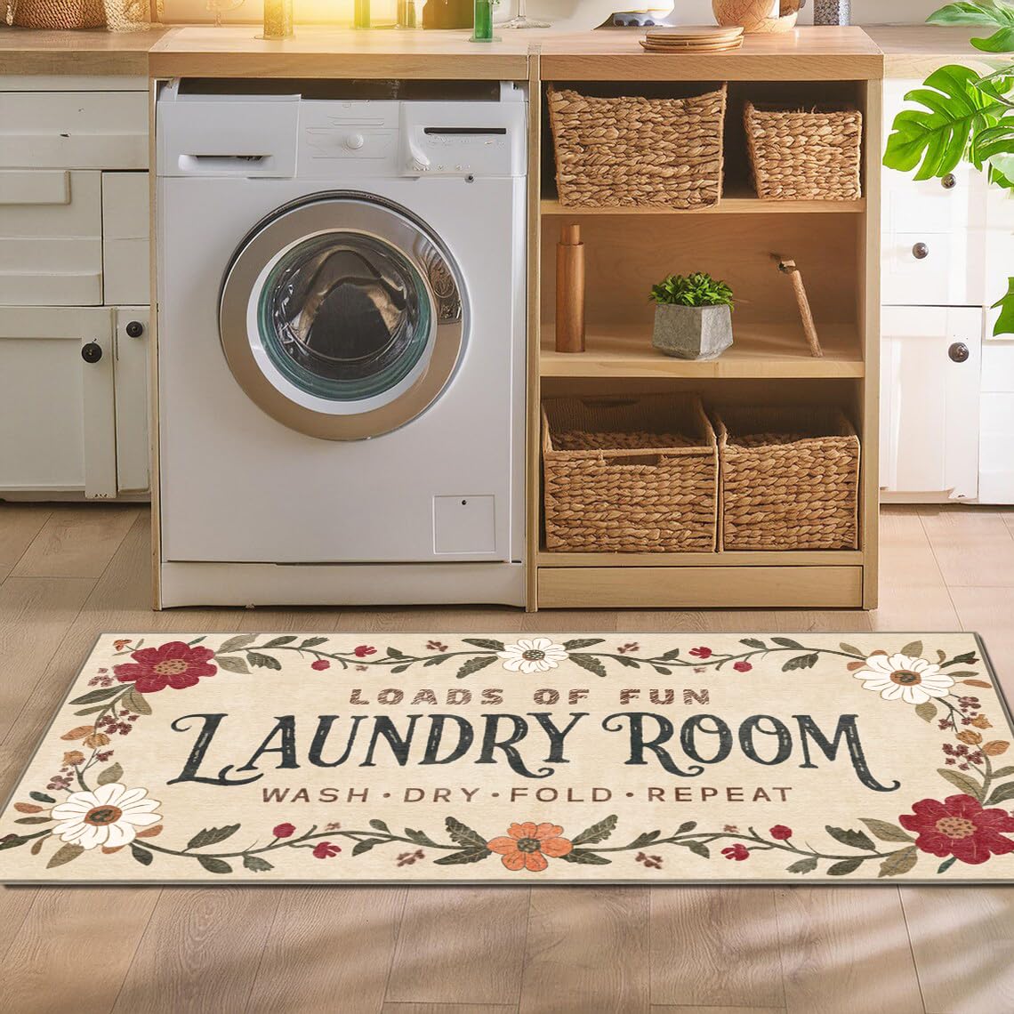 TIKIRUGI laundry rug 20x47 front view with low-profile flat-lying design.