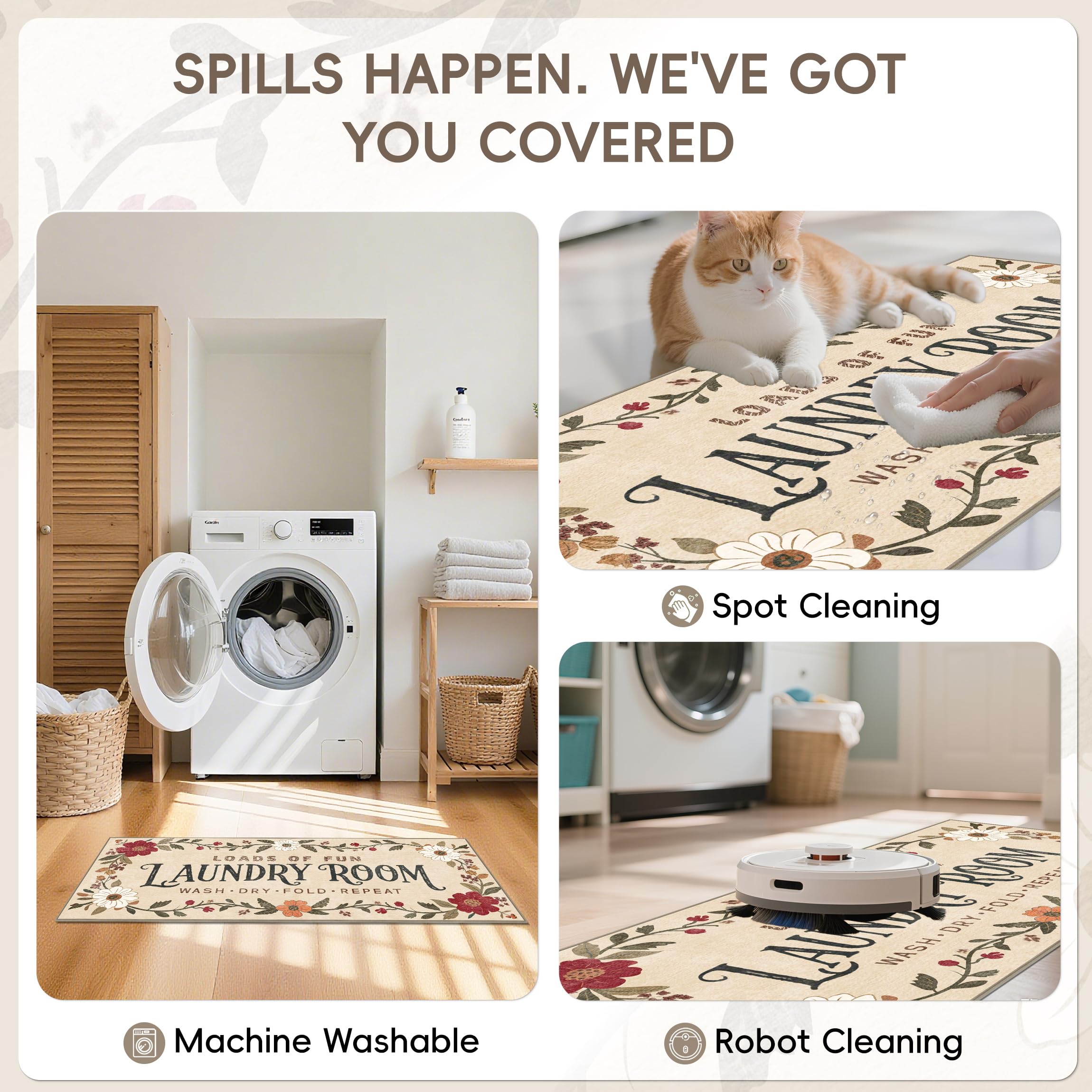 TIKIRUGI boho floral design brightens compact laundry spaces.