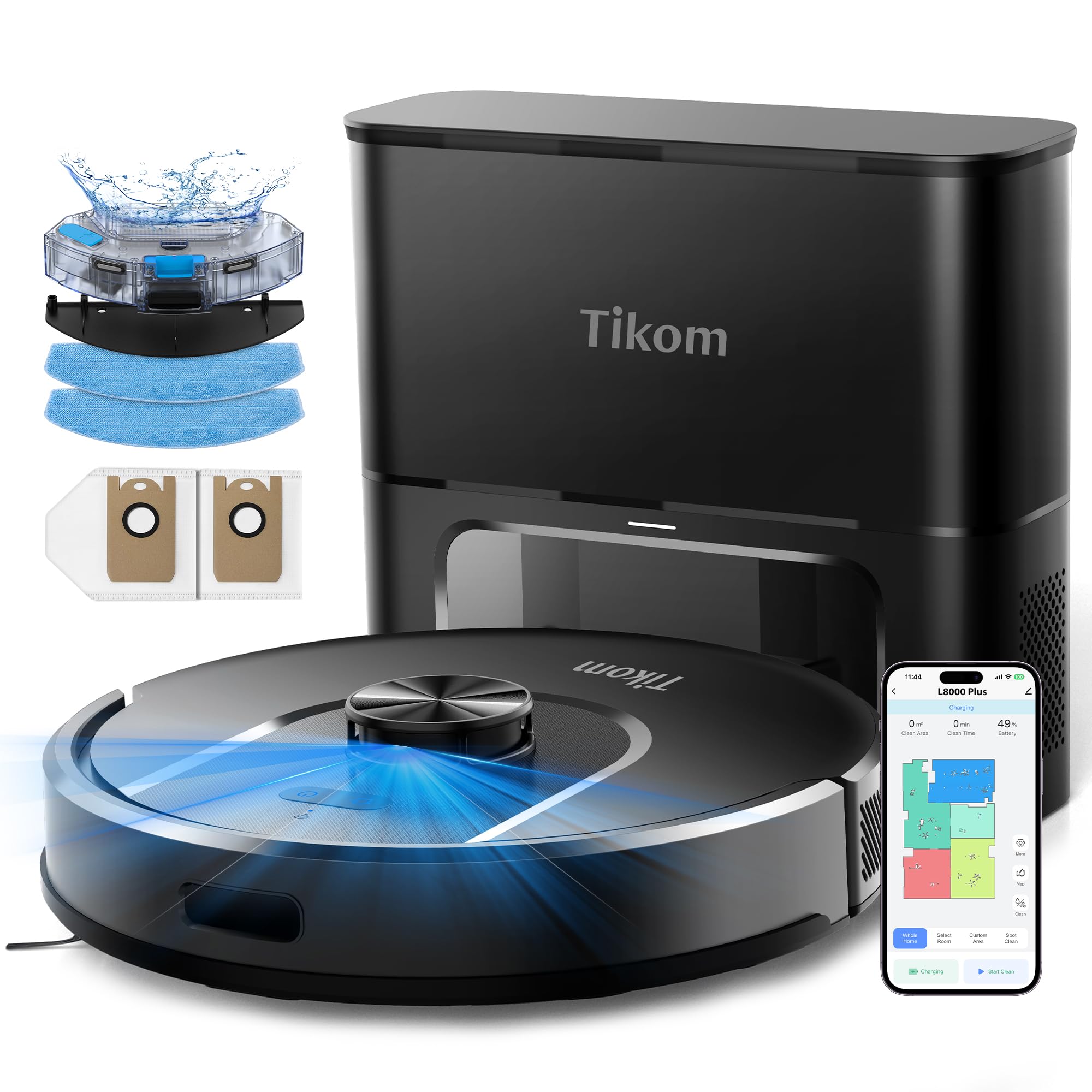 Tikom L8000 Plus self-emptying base in action for effortless weekly maintenance.