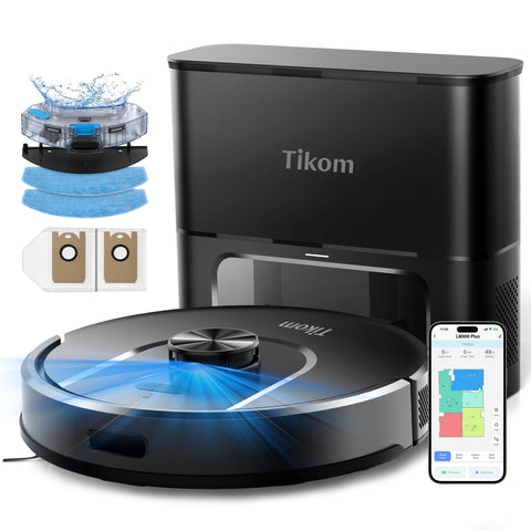 Tikom L8000 Plus self-emptying base in action for effortless weekly maintenance.