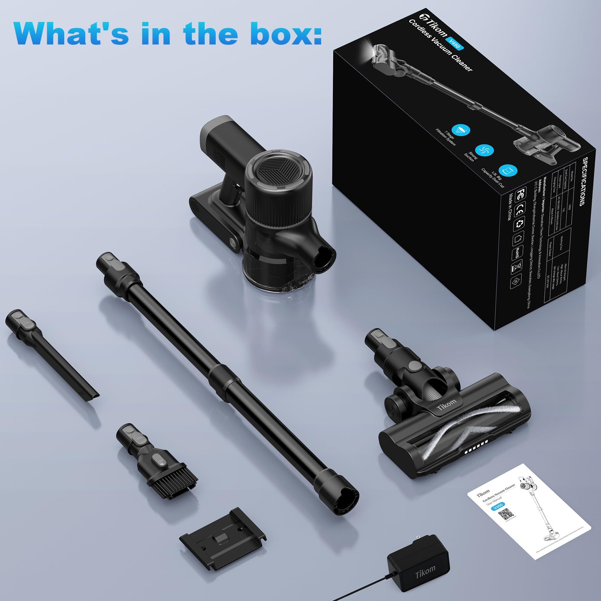 Tikom V450 includes accessories for crevices and precise dusting