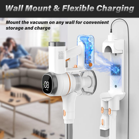 Tikom V500 wall dock charges and stores the vacuum conveniently.