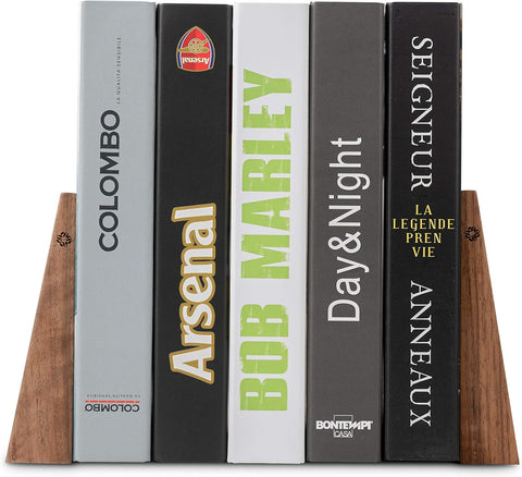 TILISMA handmade walnut bookends highlight grain and organize shelves.