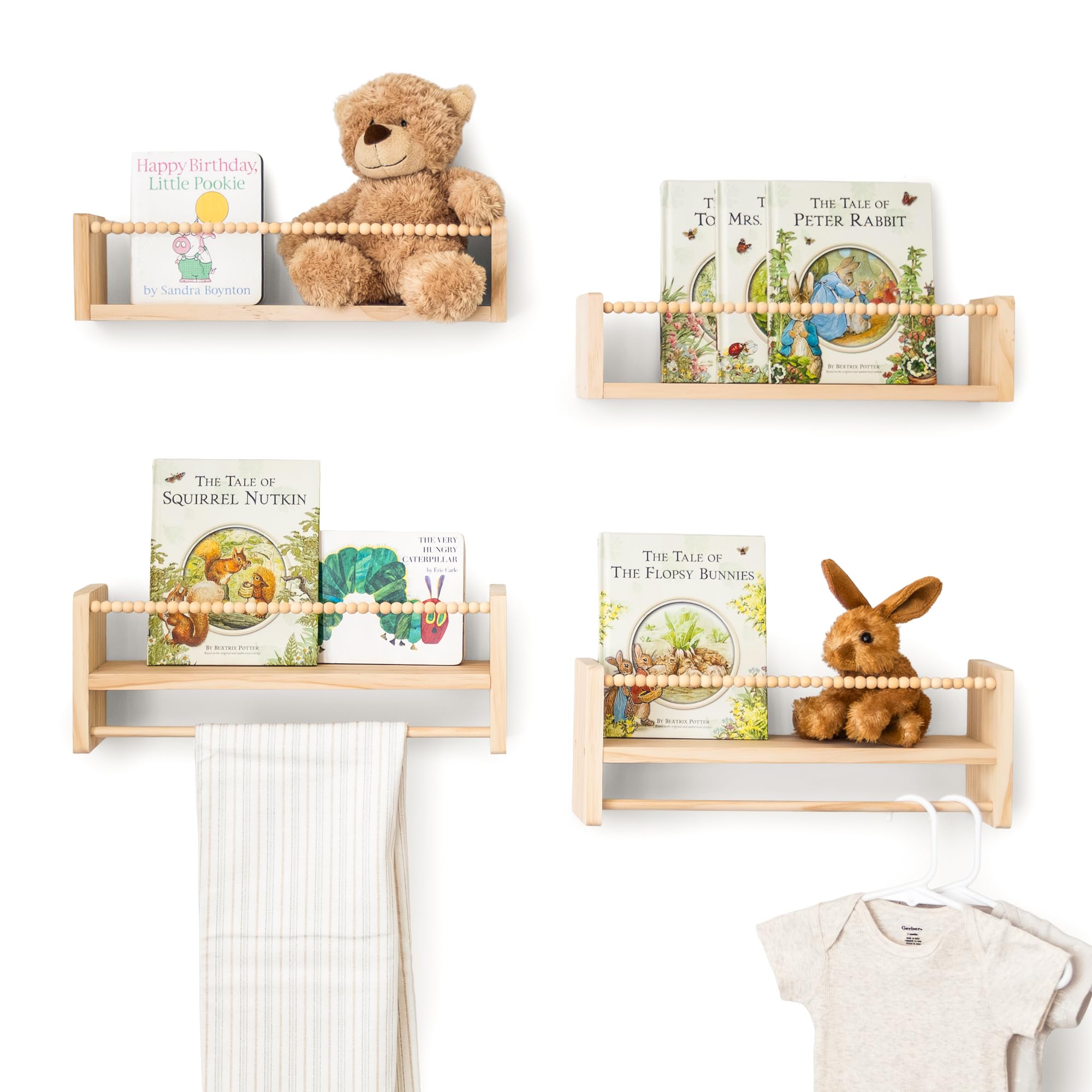 Timber And Teddy nursery floating shelves set of 4 on wall store keepsakes and books.