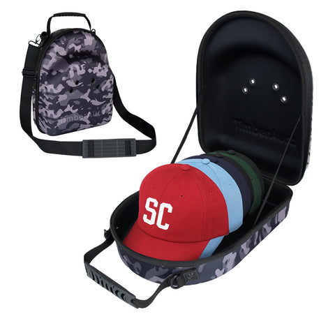 TimberAura camo hat case close-up showing crush-proof shell protecting caps during travel.