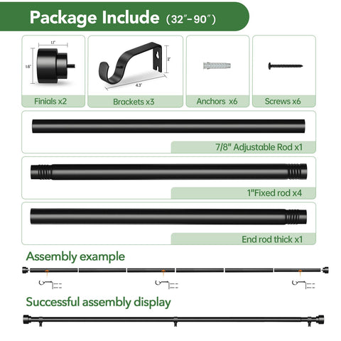 Adjusts from 32 to 90 inches for flexible window coverage.