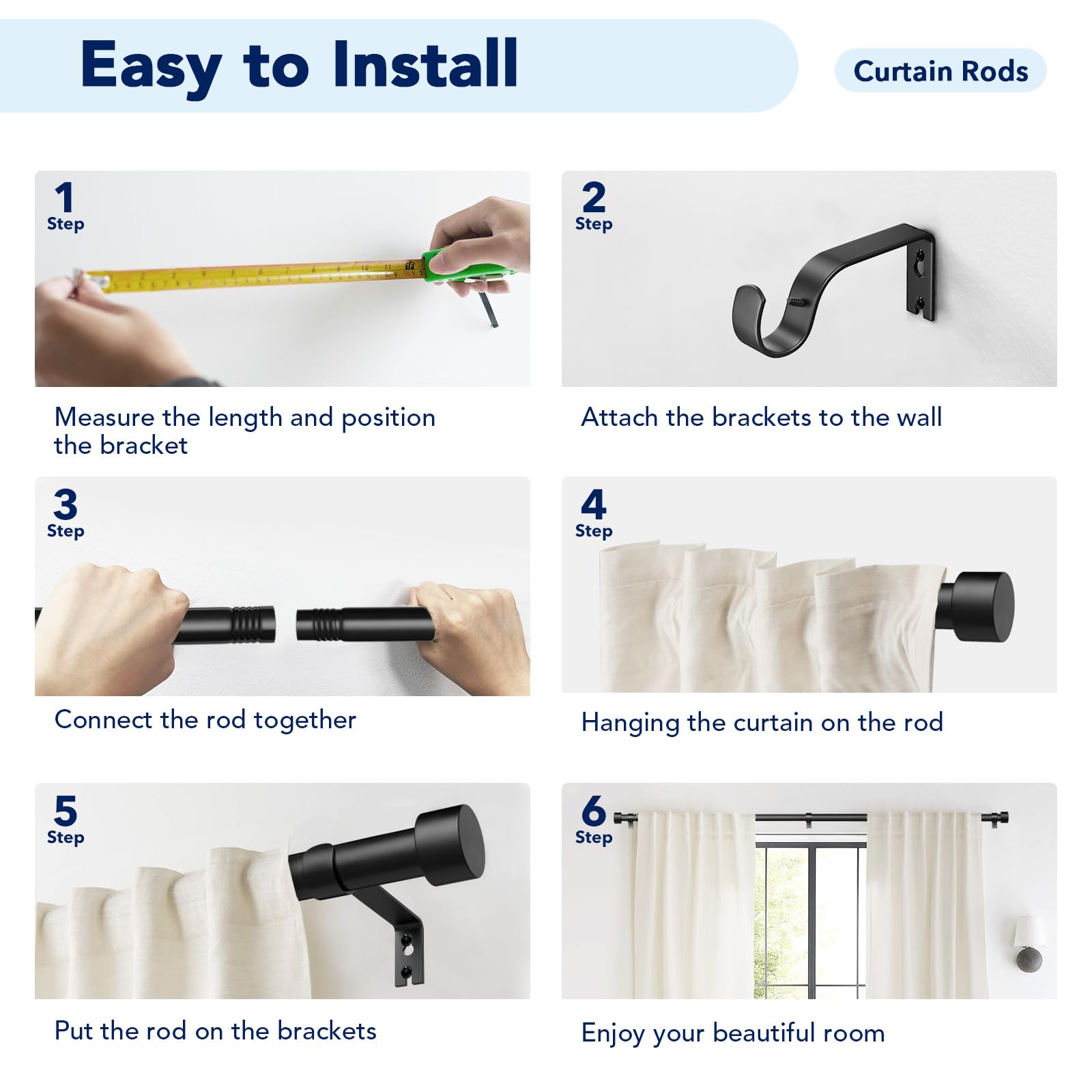 Time Forest heavy-duty rod reliably holds curtains with grommets.