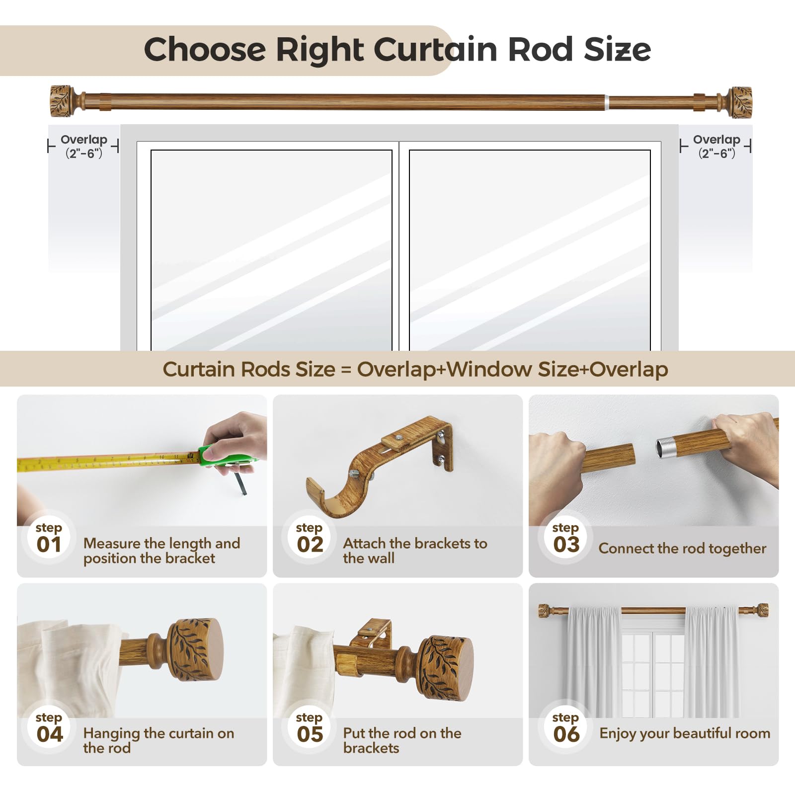 Time Forest dark wood curtain rod offers sturdy support and classic style.