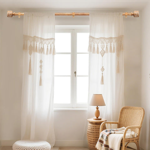 Time Forest window dressing with woodgrain rod enhances style