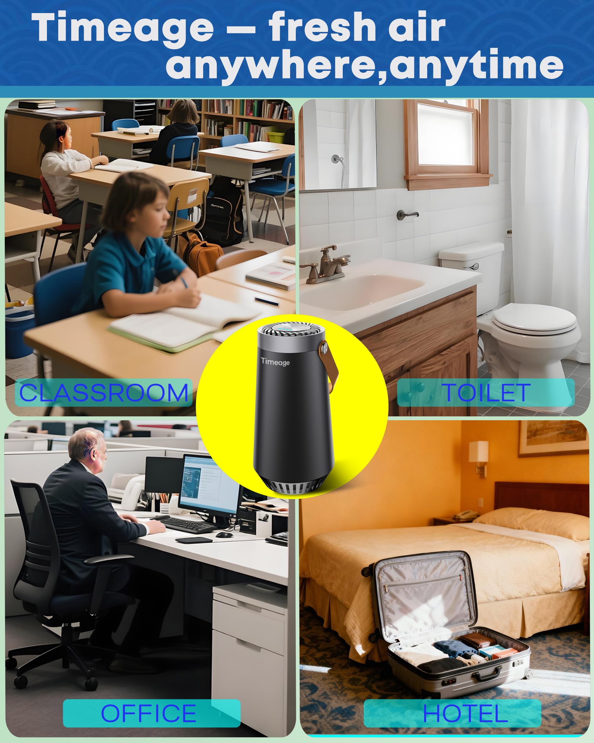 Timeage purifier in car or home setting demonstrates odor deodorization potential.