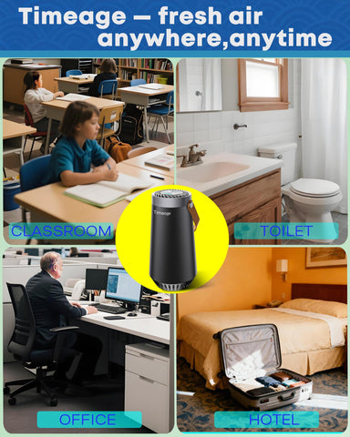 Timeage purifier in car or home setting demonstrates odor deodorization potential.