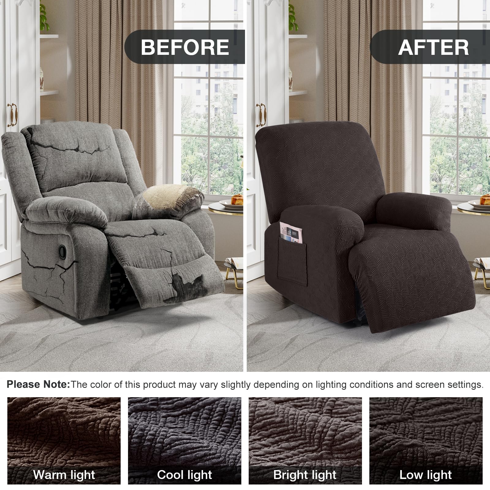 Timeles recliner cover on a recliner demonstrates full protection against wear.