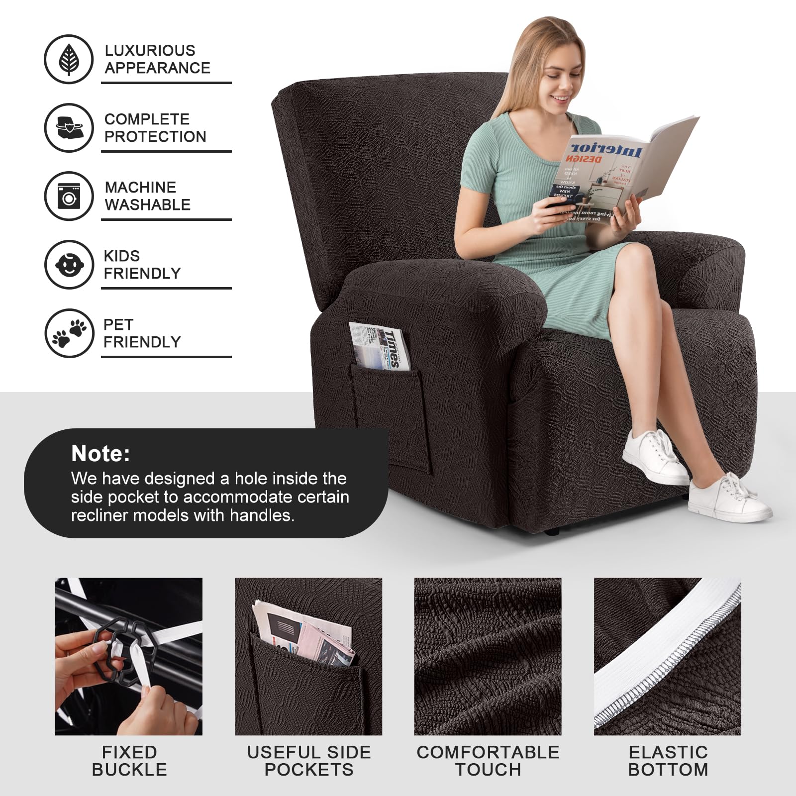 Timeles recliner cover stretched to fit chairs for a snug, easy setup.