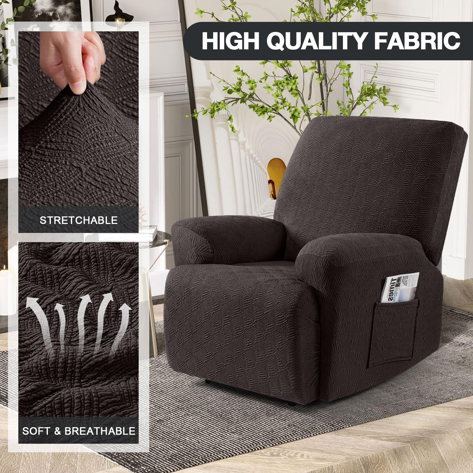 Timeles recliner cover shows wrinkle pattern in chocolate to elevate room style.