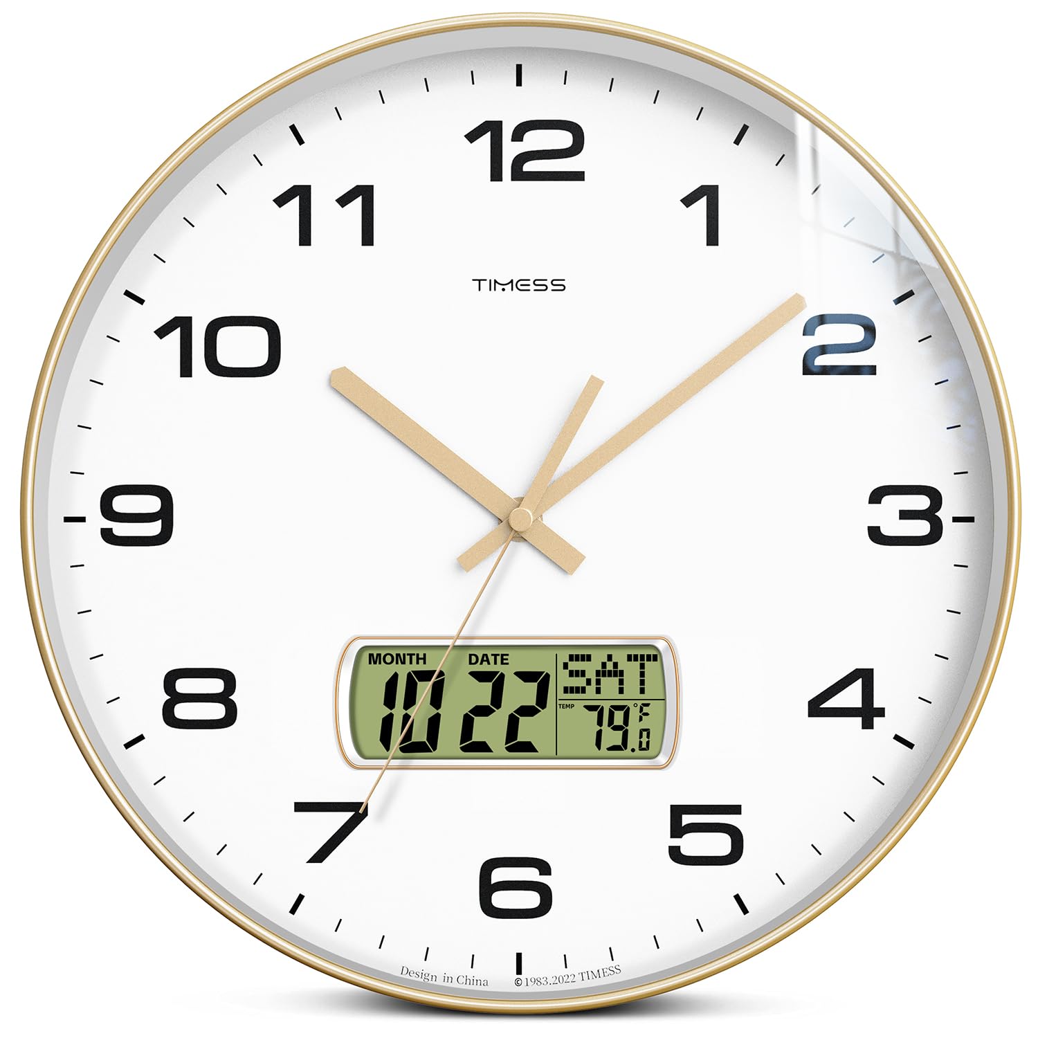 TIMESS wall clock with LCD display shows date and Fahrenheit temperature clearly