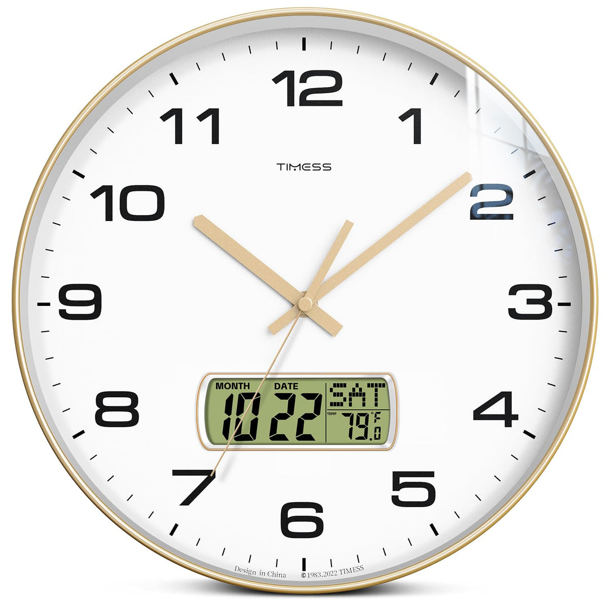 TIMESS wall clock with LCD display shows date and Fahrenheit temperature clearly