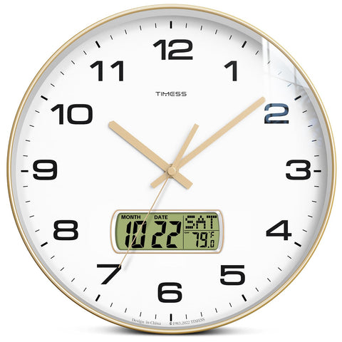 TIMESS wall clock with LCD display shows date and Fahrenheit temperature clearly